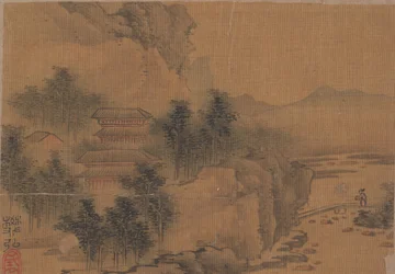 Landschaft mit Mann, der eine Brücke überquert