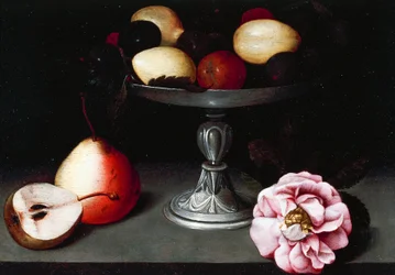 Stand mit Pflaumen, Birnen und einer Rose, ca. 1602, von Fede Galizia (1578-1630)