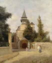 Kinder vor der Kirche, von Federico Rossano (1835-1912), Öl auf Leinwand, 46,5x38 cm