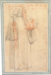 Fra Stefano, Prokurator der Kamaldulenser in Vallombrosa, als Heiliger Romuald, hält ein Modell einer Kirche und einen Rosenkranz, 1577