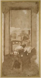 Mann, der bei Mondschein aus dem Fenster eines Hauses zeichnet (Feder und Tinte mit Waschung auf Papier)