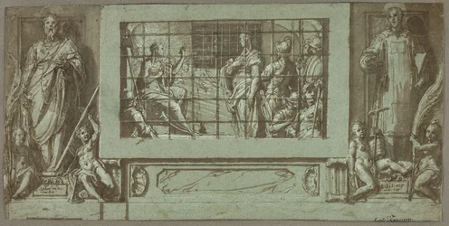 Die heilige Katharina im Gefängnis, die Kaiserin Faustina zum Christentum bekehrt, flankiert von den Heiligen Saturnius und Simon