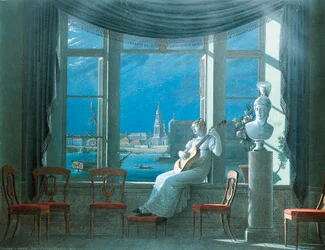 Am Fenster in einer mondhellen Nacht