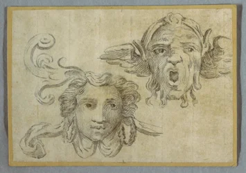 Maske mit Girlande und Ohren; Maske mit Bart und Satyr-Ohren