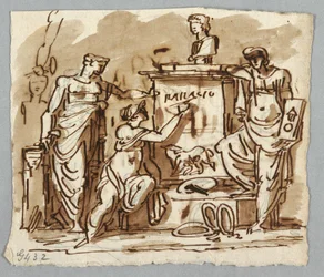 Denkmal nach Palladio mit Büste von Palladio und Wolf mit Romulus und Remus