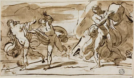 Polyphem wirft Felsbrocken auf die fliehenden Aeis und Galatea (recto); Polyphem spielt seine Rohrpfeifen für Galatea (verso)