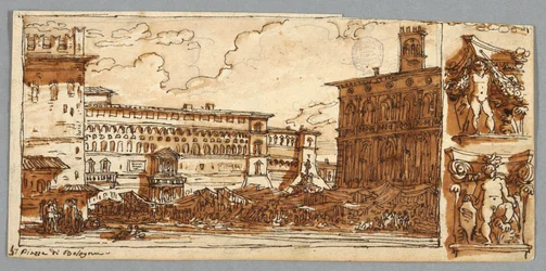Skizzenbuchseite, Folio 57: Studie nach Piazza Emmanuelle in Bologna; Verso, Architekturdetail