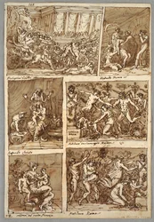 Skizzenbuchseite: Sechs Szenen; Verso: Fünf Studien von Pferdeköpfen; Kopf eines Löwen