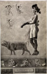 Pornokrates (Nackte Frau, Augenbinde, umgeben von Engeln und hält ein Schwein an der Leine) - Zeichnung von Felicien Rops (1833-1898)