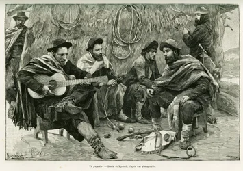 Ein Payador, Duell in Versen von Wandersängern. Gravur von Myrbach zur Illustration der Geschichte Voyage à la Plata, 1886, von Emile Daireaux, in Le Tour du monde 1888, unter der Leitung von Edouard Charton (1807-1890), Hachette, Paris.