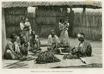 Einheimische bei der Tabakherstellung. Gravur von Myrbach zur Illustration der Geschichte Luçon und Palawan, sechs Jahre auf den Philippinen, von Alfred Marche (1844-1898), in Le Tour du monde 1886, unter der Leitung von Edouard Charton (1807-1890), Hachet