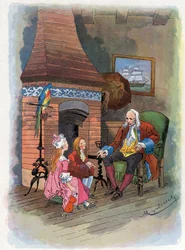 Robinson Crusoe erzählt seinen Kindern von seinen Abenteuern. Illustration von Felician Myrbach Rheinfeld für das Buch von Daniel Defoe 