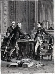 Erste Beratung der drei Konsuln in Peer-Luxemburg - Napoleon Bonaparte, Emmanuel Joseph Sieyes und Pierre Roger-Ducos 1799 - Gravur von Barbant, nach Philippoteaux - Erstes Konsulat, 24 Frimaire VIII (15. Dezember 1799), erstes Treffen des Ersten Konsulats