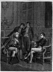 Jean-Jacques Régis de Cambacérès (1753-1824) zeigt Bonaparte, dem damaligen Ersten Konsul, und dessen Brüdern Joseph und Lucien seine raffinierte Kombination, um ihn zum Bonaparte-Konsul auf Lebenszeit ernennen zu lassen, um 1804 - (Cambacérès schlägt