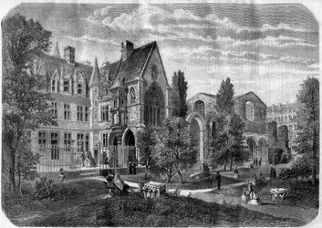 Der Platz des Palais des Thermes und des Hôtel de Cluny in Paris im Jahr 1868 - Kupferstich nach einer Zeichnung von Felix de Thorigny