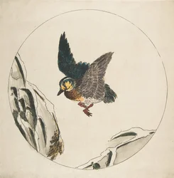 Dekoration für einen Teller: Eine Ente fliegt über schneebedeckte Zweige, 1850-1914