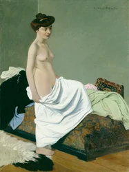 Stehender weiblicher Akt, ein Gewand auf dem Knie haltend, 1904