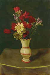 Gelbe Gänseblümchen, gelbe Tischdecke, 1915