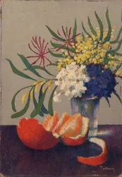 Stillleben mit Blumen und einer Orange