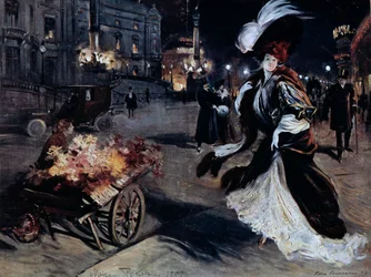 Belle Epoque: Frau in Egrets in einer Pariser Straße bei Nacht