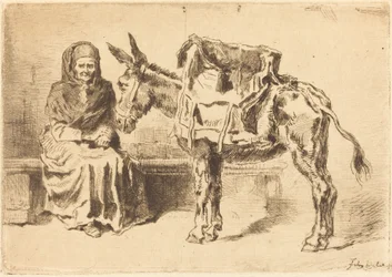 Cacoletière Assise, sitzende Frau und Esel, 1875