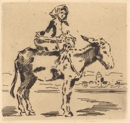 Cacoletière à la Tour Frau reitet auf einem Esel in der Nähe eines Turms