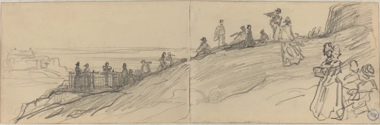 Figuren auf einem Hügel mit Blick auf das Meer