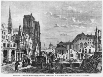 Paris, Abriss eines Teils der Cite zur Erweiterung der Gebäude des neuen Hotel-Dieu, gestochen von Charles Barbant (gest. 1922)