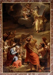 Moses steigt mit den Zehn Geboten vom Berg Sinai herab