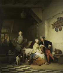 Innenraum eines Gasthauses mit Figuren in Kostümen des 17. Jahrhunderts