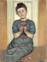Mädchen arrangiert Blumen Mädchen mit Nelke, ca. 1886
