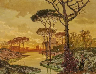 Abendliche Uferlandschaft mit antikisierender Villa