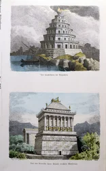 Der große Leuchtturm von Alexandria und das Mausoleum von Halikarnassos, aus einer Serie der „Sieben Weltwunder“, veröffentlicht im „Münchener Bilderbogen“, 1886