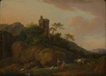 Burgruine mit Hirten und Herde