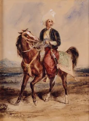 Ein arabischer Krieger zu Pferd in einer Landschaft