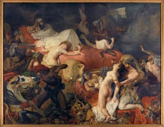 Tod von Sardanapal. Sardanapal, assyrischer König, belagert von Aufständischen, ließ seine Frauen und Pferde schlachten, bevor er sich selbst tötete. Gemälde von Eugène Delacroix