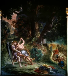 Kampf zwischen Jakob und dem Engel, Detail von 1860. Künstlerlebensdaten: 1798-1863. Kirche Saint-Sulpice, Paris.