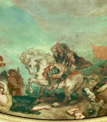 Darstellung Attilas (395-453), König des Stammes der Hunnen. Detail eines Freskos von Eugène Delacroix (1798-1863), das die Kuppel der Bibliothek der Nationalversammlung (Palais Bourbon) schmückt. 1843, Paris