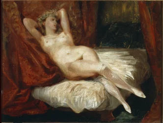 Studie einer nackten Frau, die auf einem Sofa liegt, genannt „Frau mit weißen Strümpfen“