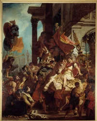 Die Gerechtigkeit des Trajan. Eine Witwe, deren Sohn getötet wurde, sucht Gerechtigkeit bei Kaiser Trajan (Marcus Ulpius Trajanus, 53-117), der in den Krieg zieht. Illustration des Fegefeuers in „La Divina Commedia“ (Göttliche Komödie) von Dante Alighieri.