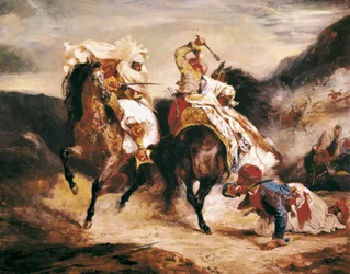 Der Kampf von Giaour und Pascha. Inspiriert von Lord Byrons Gedicht „Le Giaour“. Orientalistisches Gemälde von Eugene Delacroix (1798-1863)