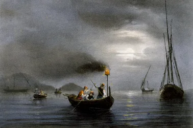 Nachtfischen mit Fischlampe, Farblithographie von Ferdinand Perrot