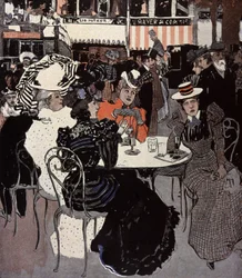 Frau spricht an einem Tisch vor einem Café. Illustration von Von Reznicek in: Simplicissimus, Deutschland