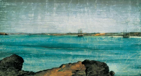 Puerto Deseado, Detail. Stadt und Fischereihafen von Patagonien, in der Provinz Santa Cruz in Argentinien. Zeichnung von Fernando Brambila (1763-1832) Madrid. Marinemuseum.