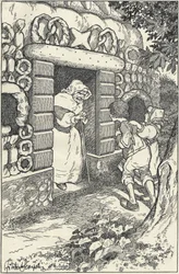Zwei Kinder im Lebkuchenhaus im Wald. Illustration von F. Scarpelli für das Märchen Hänsel und Gretel nach einer Sammlung der Brüder Grimm. Schneewittchen und andere Märchen, Florenz