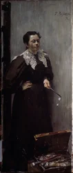 Porträt der Künstlerin Anna Ostroumova-Lebedeva (1871-1955). Dargestellt stehend hinter ihrem Malmaterial, mit einer Brille auf der Nase und einer weiteren in der Hand. Gemälde von Filipp And
