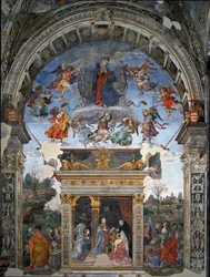 Himmelfahrt der Jungfrau und darunter St. Thomas von Aquin, der Maria Kardinal Oliviero Carafa vorstellt