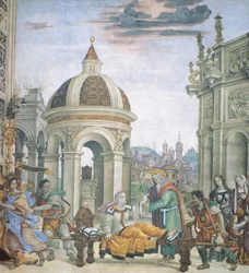 Der heilige Johannes Evangelist erweckt Drusiana, Detail der Geschichten des heiligen Johannes Evangelist, Fresko, Basilika Santa Maria Novella, Strozzi-Kapelle, Florenz