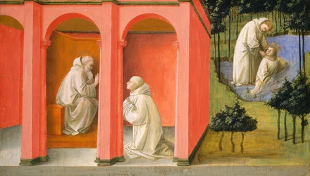 Der heilige Benedikt befiehlt dem heiligen Maurus, den heiligen Placidus zu retten, ca. 1445-1450