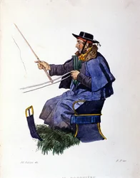 Kleines Gewerbe der Stadt Neapel: der Kutscher. Gravur nach einem Gemälde von F. Palizza. Aus einem Werk von Francesco de Bourcard „Costumi del regno di Napoli“